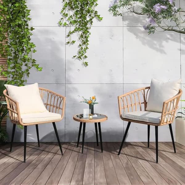 AUTMOON 3-Piece Wicker Outdoor Bistro Set Conversation Set with Coffee Table, Patio Chair Set with Blue Cushions