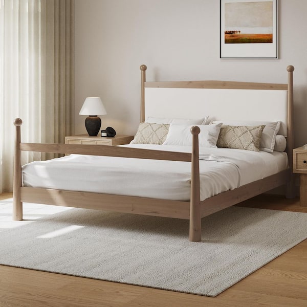 Juno Natural Plus White Wood Frame King Size Modern Upholstered Boucle Platform Bed with Headboard