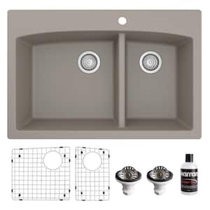QT-711 Quartz/Granite 33 in. Double Bowl 60/40 Top Mount Drop-In Kitchen Sink in Concrete with Bottom Grid and Strainer