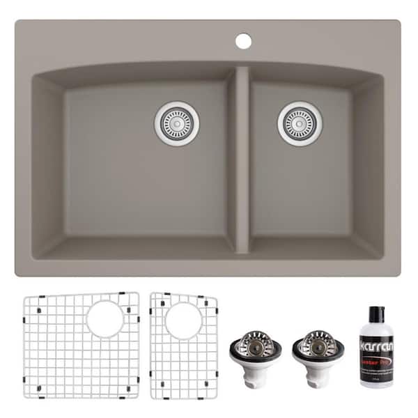 Karran QT-711 Quartz/Granite 33 in. Double Bowl 60/40 Top Mount Drop-In Kitchen Sink in Concrete with Bottom Grid and Strainer