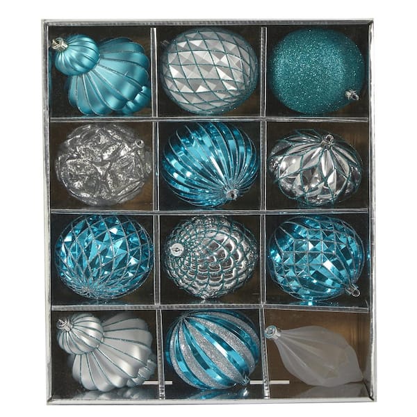 Holiday 4 in. Blue Lux Shatterproof Christmas Tree Ornament Set with Re-Useable Box (12-Count)
