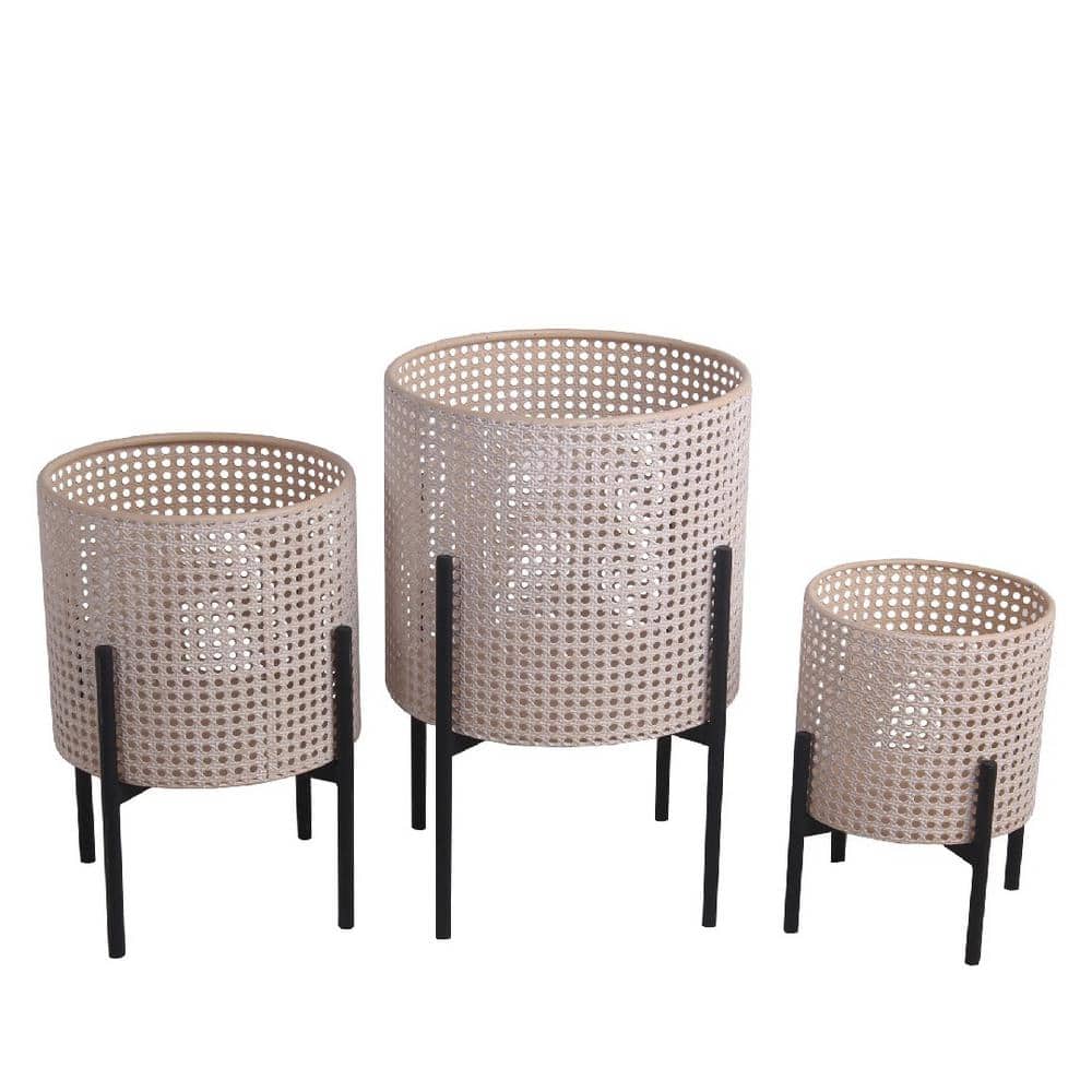 Lattice Round Metal Planter with Tubular Base, Set of 3, Black and Beige-11