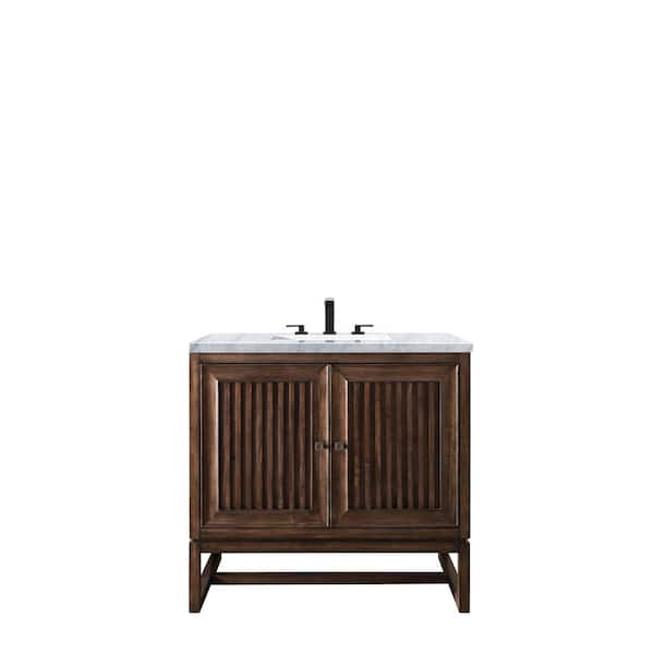 James Martin Vanities Athens 36 in. W x 23.5 in. D x 34.5 in. H Bath Vanity in Mid Century Acacia with Marble Vanity Top in Carrara White