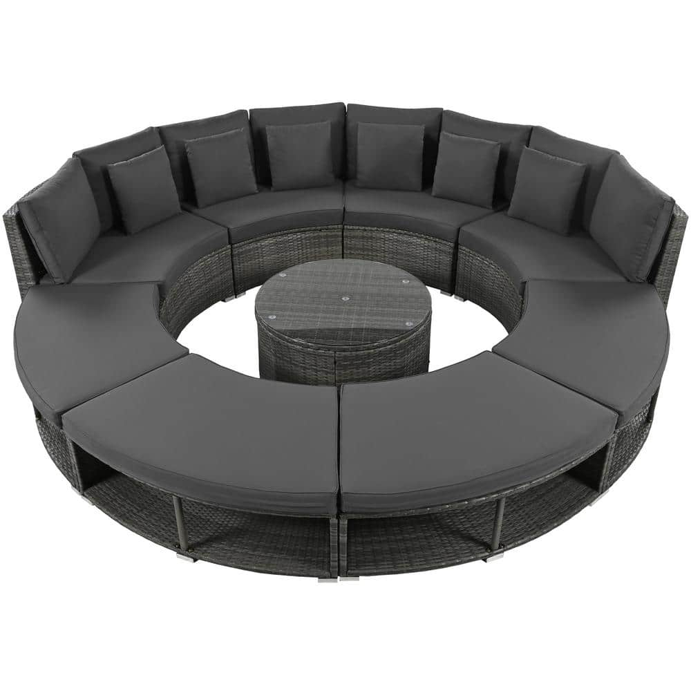 9-Piece Wicker Outdoor Sectional Sofa Lounge Set with Tempered Glass ...