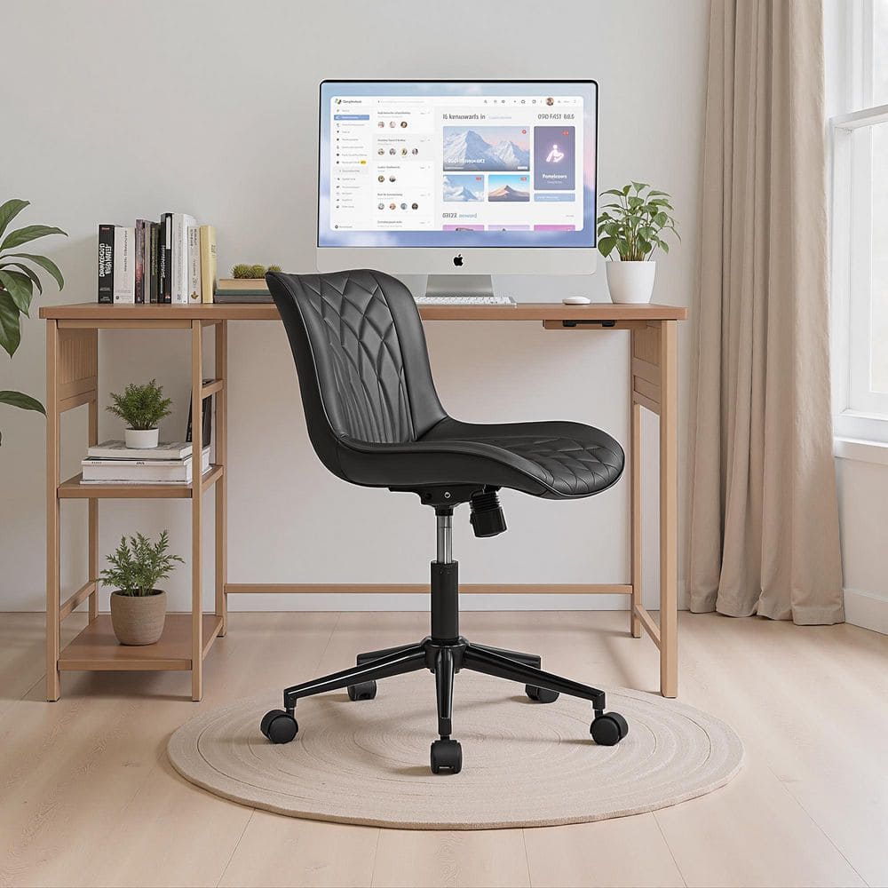 Black quilted faux leather armless office chair positioned at a wooden desk.