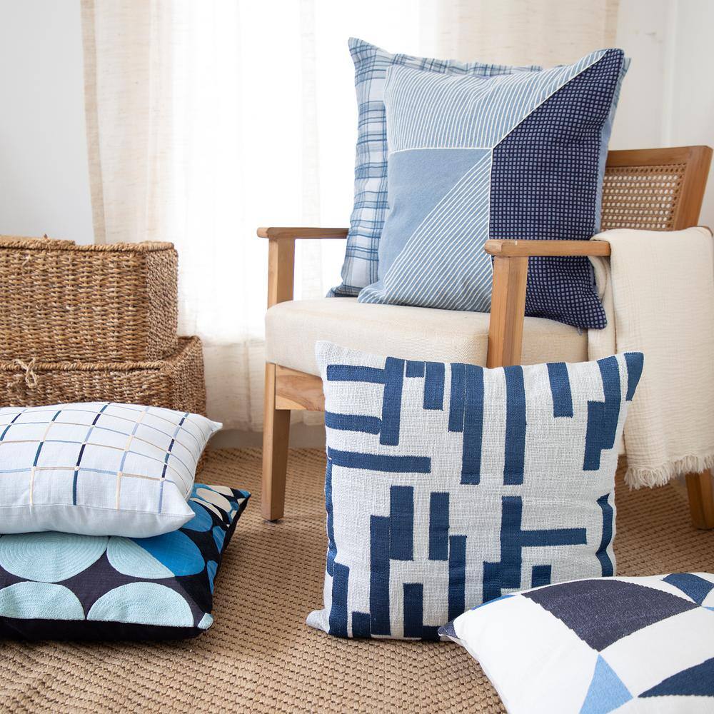 Blue and Ivory Embroidered Cotton Blend Square Throw Pillow