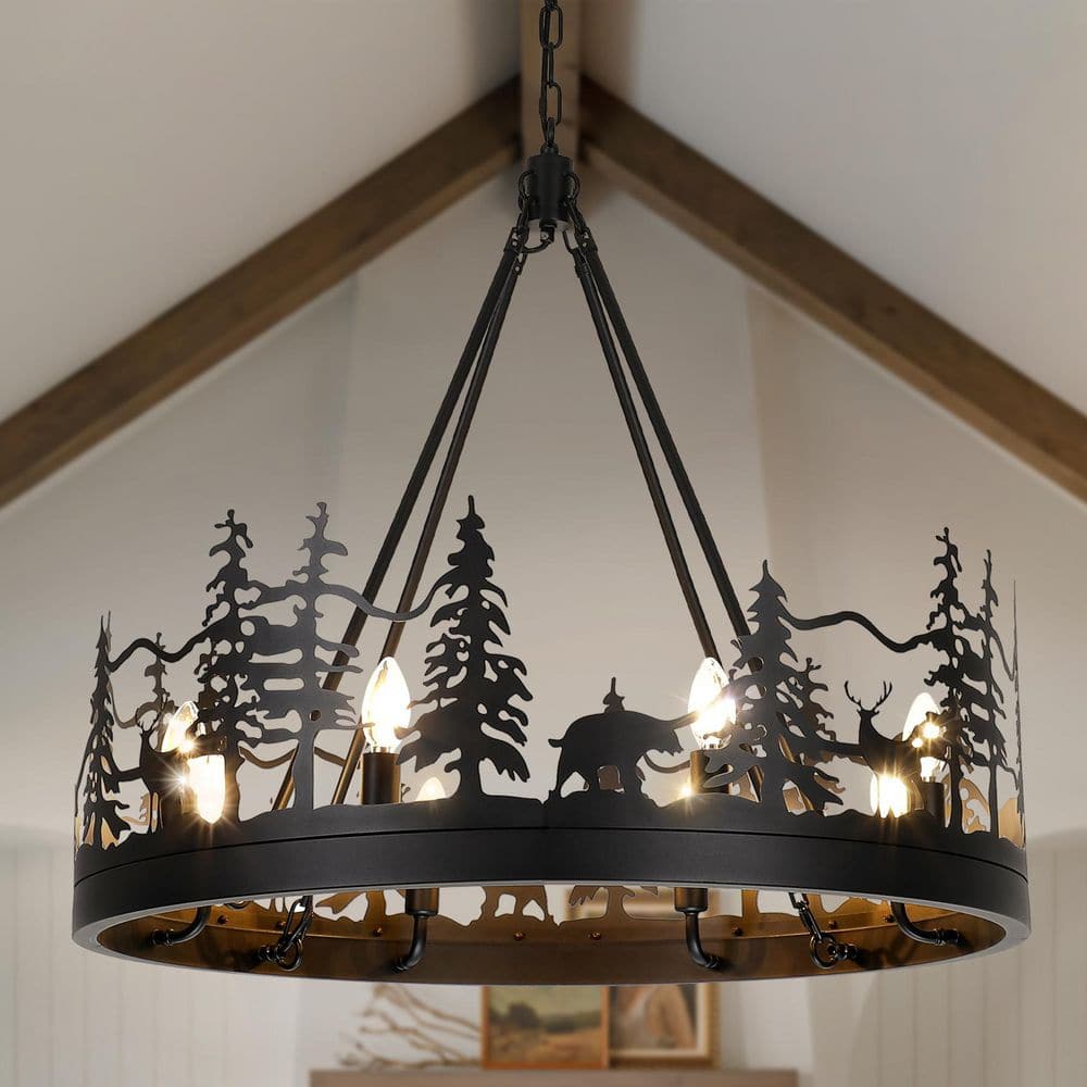 JUSHENG 8-Light Black Ambient Rustic Chandelier Wagon Wheel
