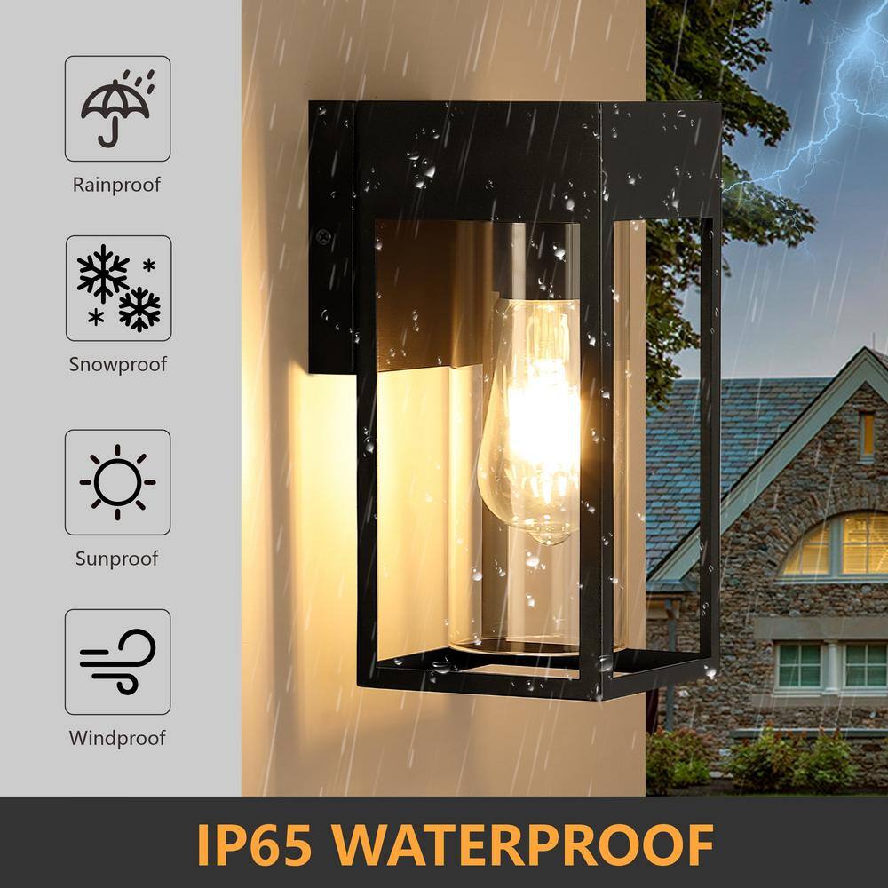 9-Inch Black Modern Outdoor Wall Lantern Sconce with Clear Glass, 2-Pack