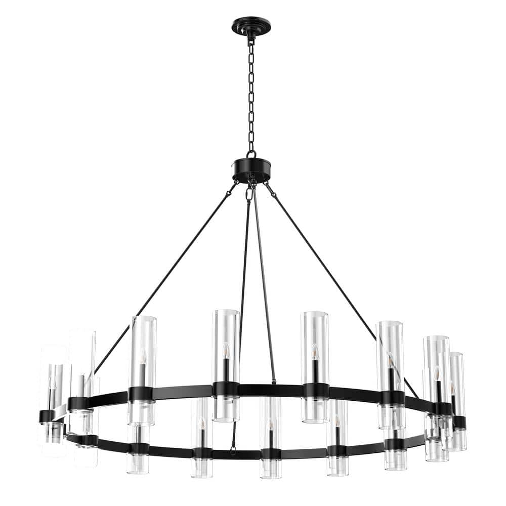 16 Lights Wagon Wheel Chandelier with Glass Shade, 47. 2 in. Black Modern F