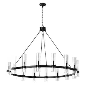 16 Lights Wagon Wheel Chandelier with Glass Shade, 47. 2 in. Black Modern Farmhouse Chandelier for Dining Room Entryways