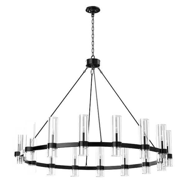 16 Lights Wagon Wheel Chandelier with Glass Shade, 47. 2 in. Black Modern Farmhouse Chandelier for Dining Room Entryways