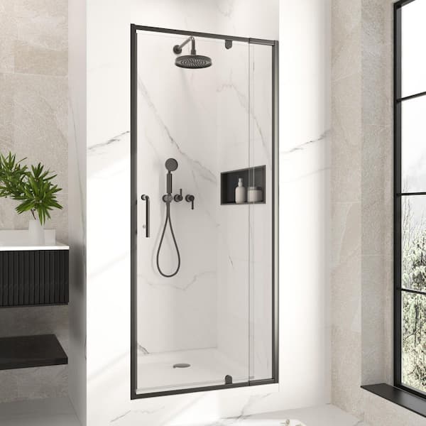 28 in. -32 in. W x 72 in. H Framed Pivot Shower Door in Black with Clear Glass