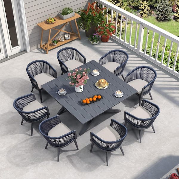 9-Piece Aluminum All-Weather Wicker Square Outdoor Dining Set with Cushion, Grey and Navy