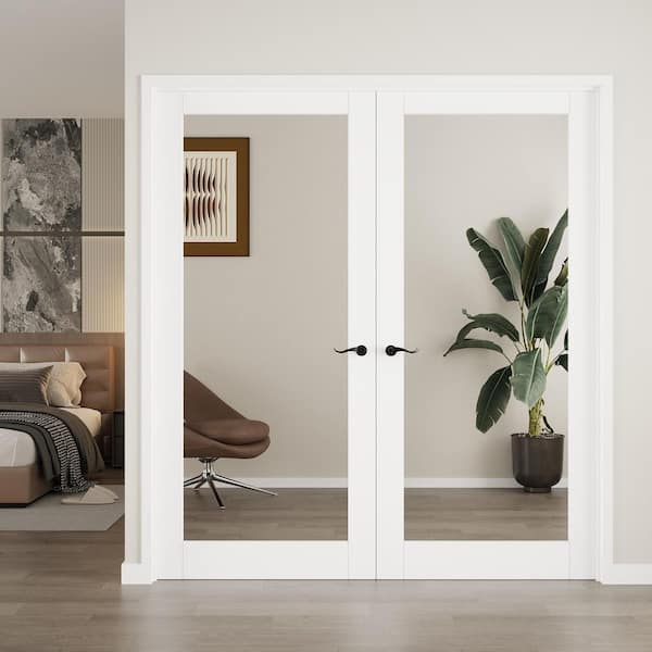 72 in. x 80 in. Universal 1-Lite Mirrored Glass Solid Core White Primed Assembly Required Double French Door with Jamb