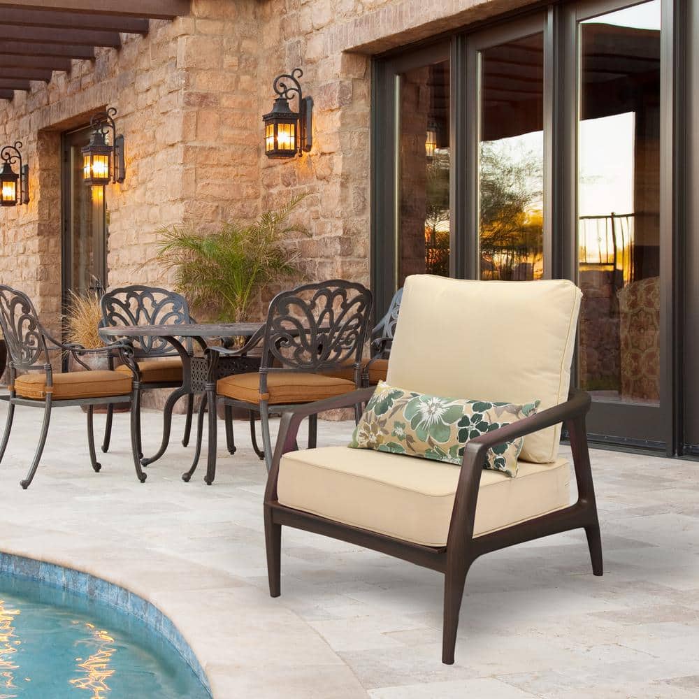 Beige Outdoor Deep Seat Cushion Set with Floral Pillows