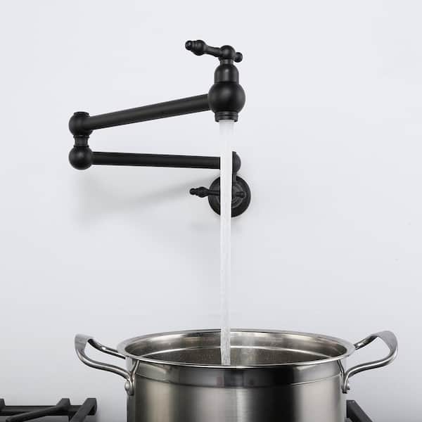 Brass Wall Mount Pot Filler with 2-Aerators and Brass Valve, Double Handle Single Hole Kitchen Faucet in Matte Black