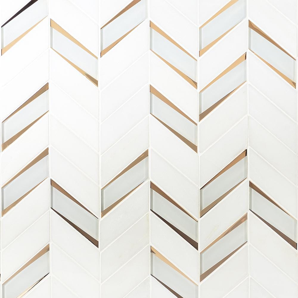 Verona Polished White Marble and Glass Chevron Mosaic Tile