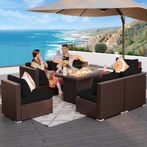 7 Pieces Luxury Espresso Wicker Patio Fire Pit Conversation Sectional Deep Seating Sofa Set with Black Cushions