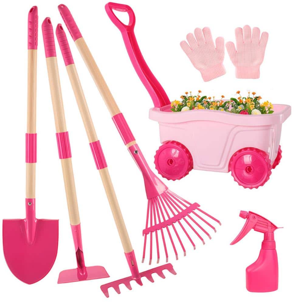 Kids Seven Piece Gardening Tool and Wheelbarrow Set with Metal Shovel Rake Tilling Tool and Protective Gloves Pink price history on PriceWatchPro