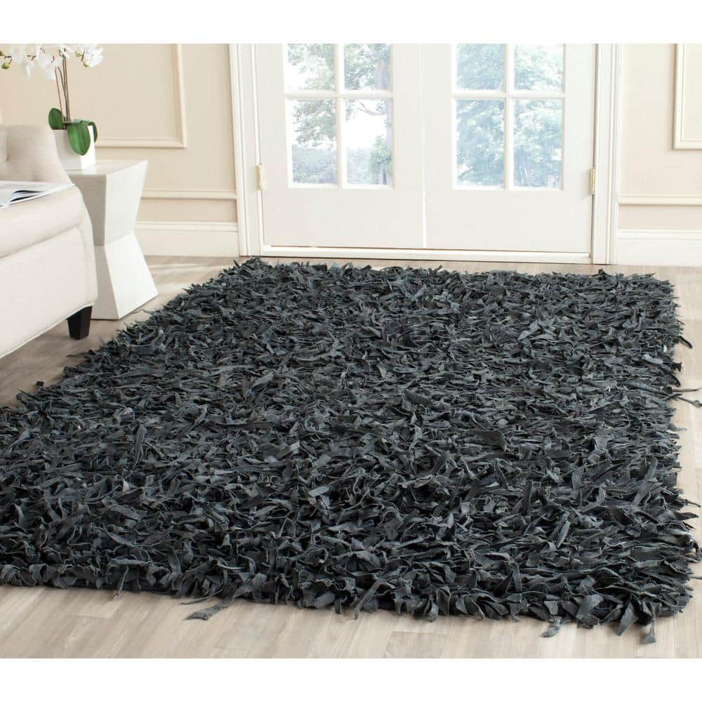 Hand-Knotted Gray Leather Shag 8' x 10' Cotton-Weave Area Rug