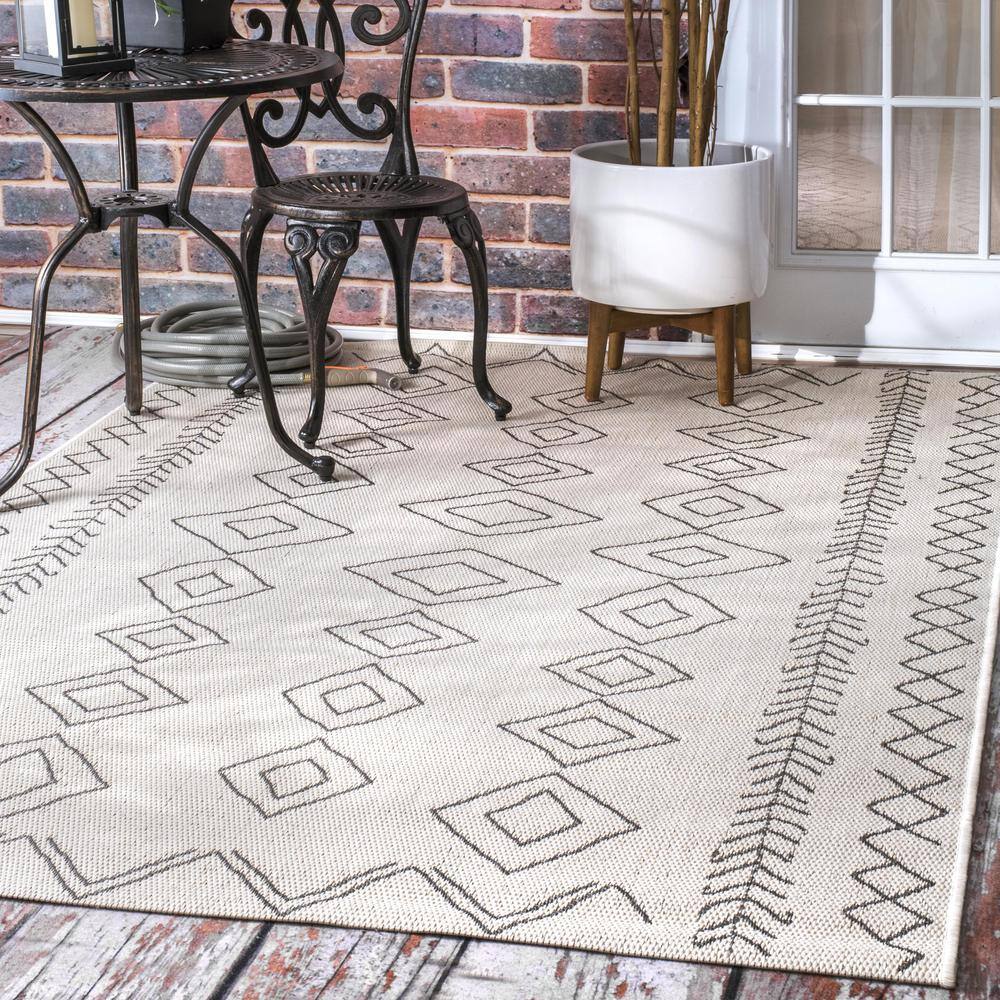 Ivory and Dark Grey Synthetic Geometric Runner Rug, 2' x 8'