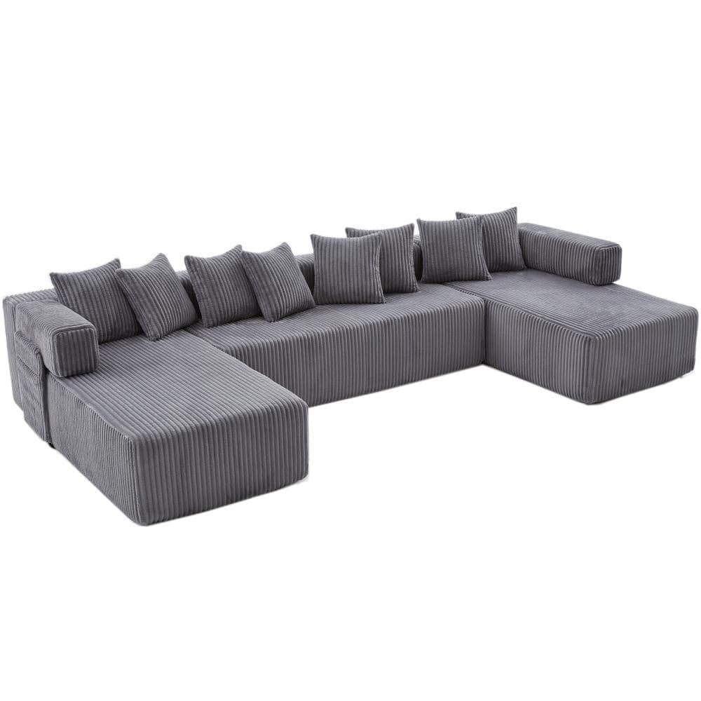 146 in. Dark Gray Corduroy U-Shaped Modular Sofa Bed with 8 Pillows, 5-Seat Convertible Sleeper Couch & Magazine Bag