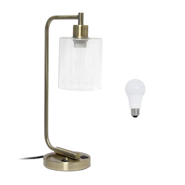 Simple Designs 18.8 in. Antique Brass Industrial Antique Style Iron Lantern Table Lamp with Glass Shade and USB Port, LED Bulb Included