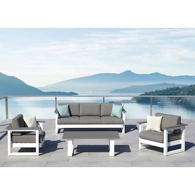 Lucas 4-Piece Aluminum in White and Gray Patio Conversation Set with Gray Olefin Cushions
