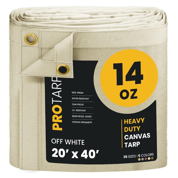 Heavy Duty 14 OZ Water Resistant Canvas Tarp, UV Resistant Tarpaulin Cover Off White 20X40
