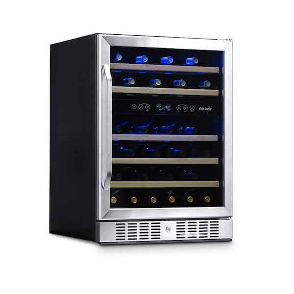 NewAir Dual Zone 46-Bottle Built-In Compressor Wine Cooler Fridge Quiet Operation and Beech Wood Shelves - Stainless Steel