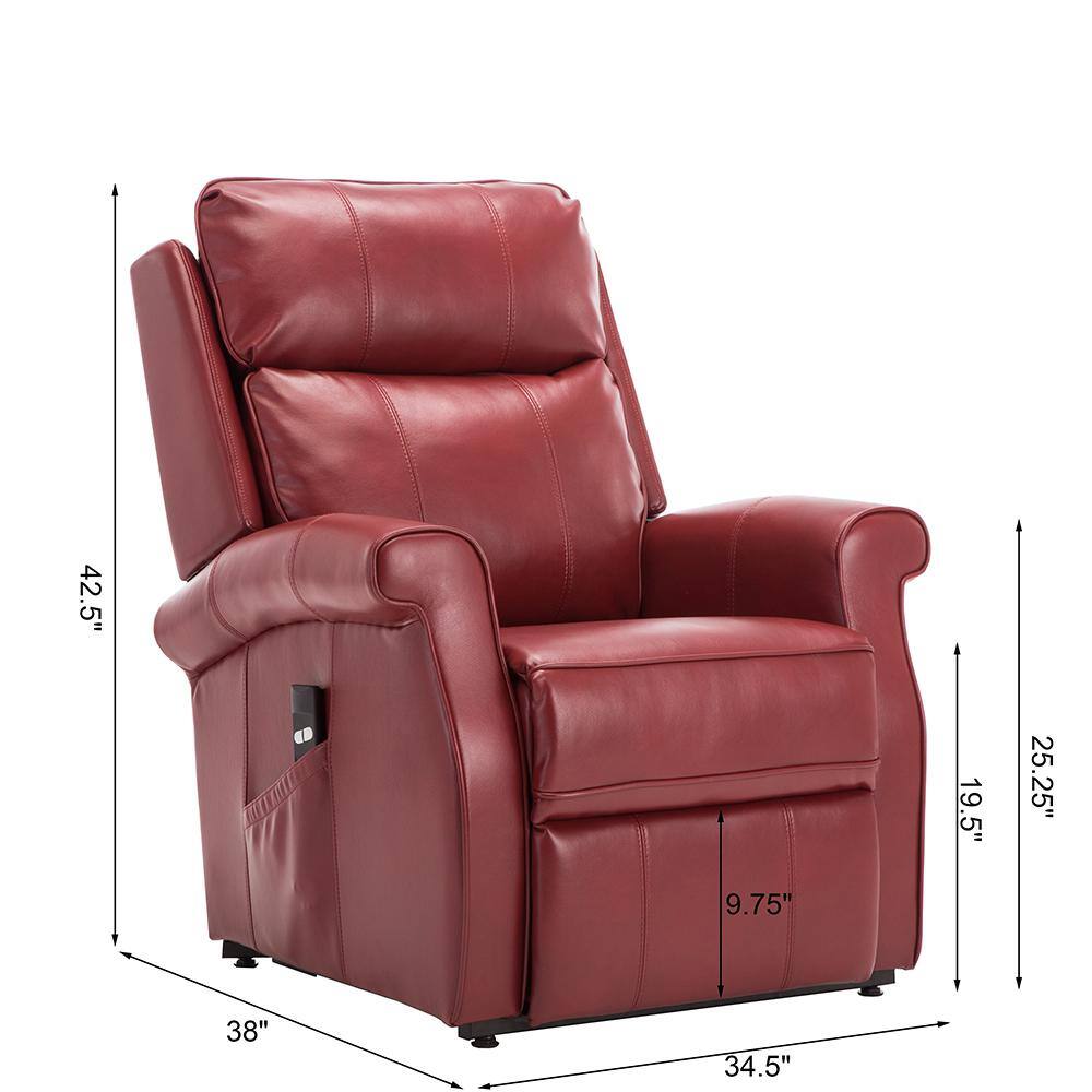 Transitional Red Leather Power Lift Recliner with Wooden Frame