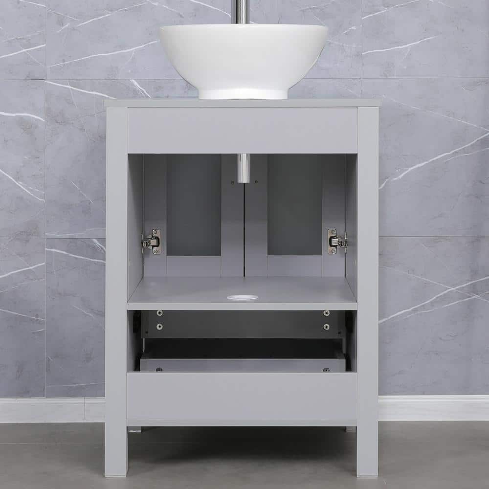 Gray MDF Single Sink Bath Vanity with White Ceramic Top and Chrome Faucet