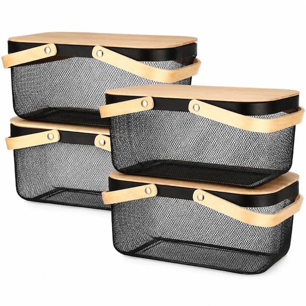4-Piece White Mesh Steel Basket Set with Bamboo Handles and Lids, 16 x 9.8 x 7.1 Inch Rectangular Wire Baskets for Harv