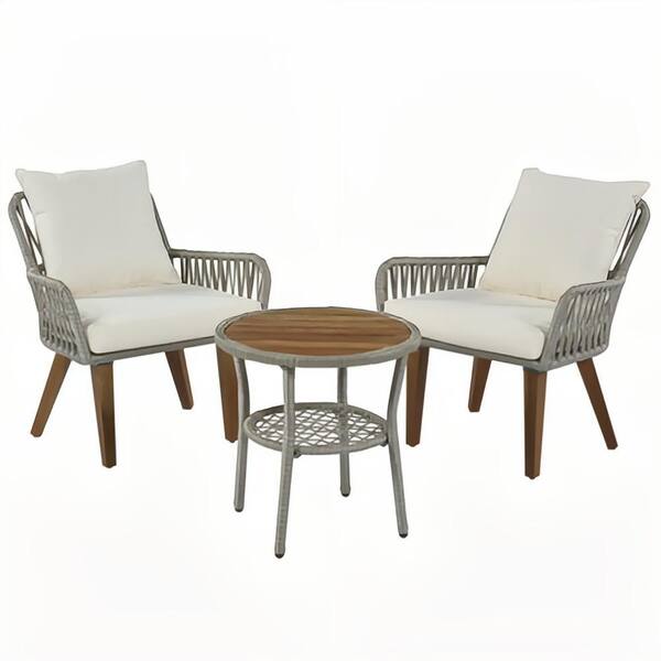Alpulon 3-Piece Outdoor Bistro Set Woven-Rope Wicker Conversation Set with Wood Tabletop and White Cushions