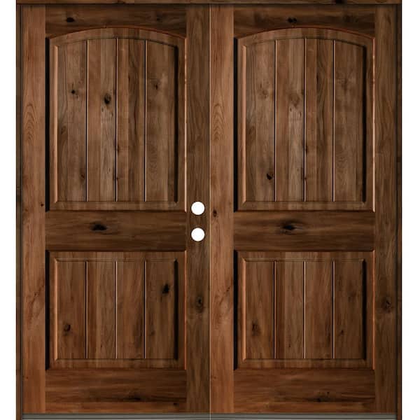 60 in. x 80 in. Rustic Knotty Alder Arch Top Provincial Stain/V-Groove Left-Hand Wood Double Prehung Front Door