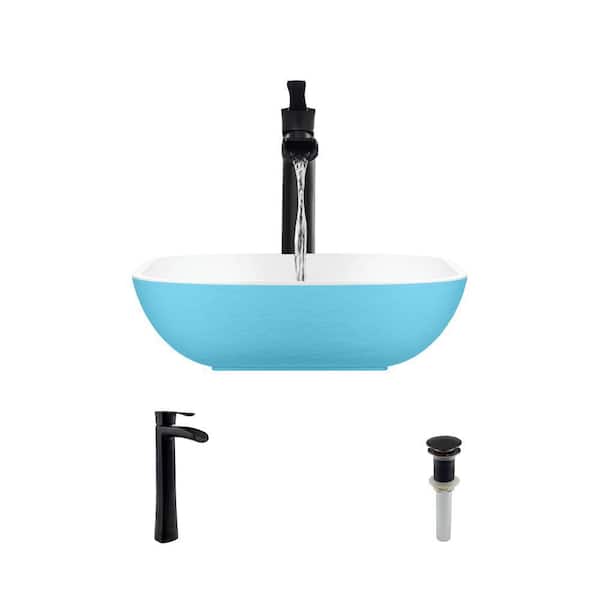 Rene Vessel Bathroom Sink in Azure with 7007 Faucet and Pop-Up Drain in Antique Bronze