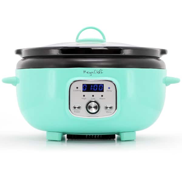 MegaChef 3. 6 qt. Oval Electric Digital Slow Cooker in Turquoise Teal with Black Pot
