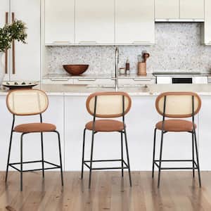 24 in. Red Brown Metal Frame Rattan Counter Height Bar Stools With Faux Leather Seat (set of 3)