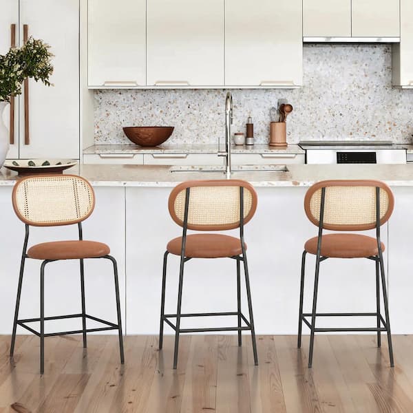 LUE BONA 24 in. Red Brown Metal Frame Rattan Counter Height Bar Stools With Faux Leather Seat (set of 3)