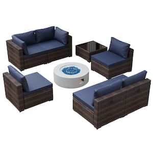 8 Pieces Outdoor Fire Pit Patio Set with 28 in. Off-white Round Propane Fire Pit Table and Navy Blue Cushions