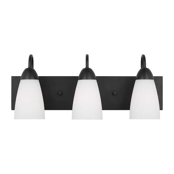 Generation Lighting Seville 21 in. 3-Light Midnight Black Bathroom Vanity Light with Etched White Glass Shades