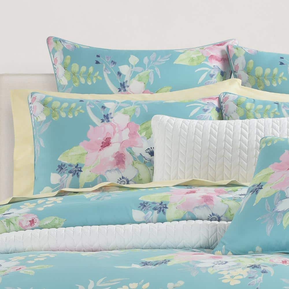 Blue Floral Microfiber Queen Reversible Bedding Set