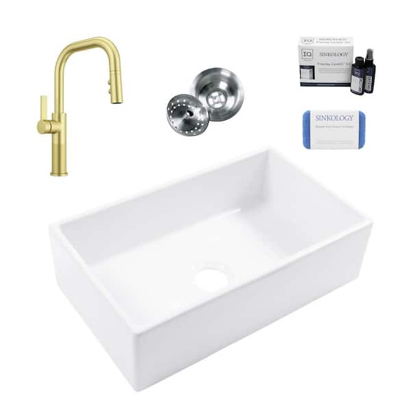 SINKOLOGY Turner 30 in. Farmhouse Apron Front Undermount Single Bowl Crisp White Fireclay Kitchen Sink with Montay Gold Faucet Kit