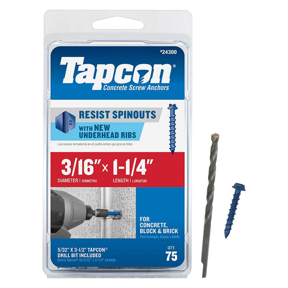Tapcon 3/16 in. x 1-1/4 in. Hex-Washer-Head Concrete Anchors (75-Pack)  24300 The Home Depot