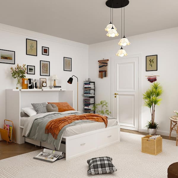 FUFU GAGA White Wood Frame Full Size Bed Murphy Bed Chest Cabinet With 2 Large Drawers USB Charging Station and Wheels KF020349 012