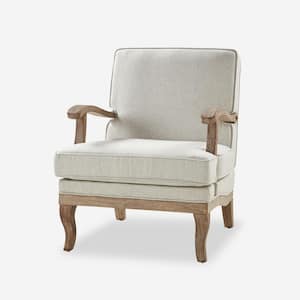 Quentin Pewter Farmhouse Wooden Upholstered Arm Chair with Wooden Legs and Foot Pads Protecting the Floor