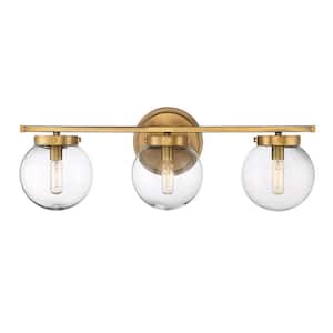 24 in. W x 8 in. H 3-Light Natural Brass Bathroom Vanity Light with Clear Glass Shades