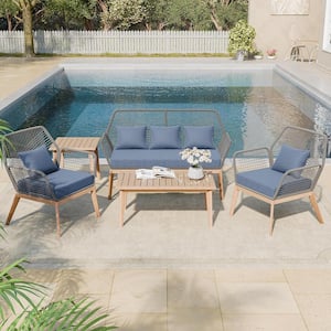 5-Piece Patio Furniture Set Solid Wood Woven Rope Set Balcony Modern Outdoor Lounge Chair with NavyBlue Cushion