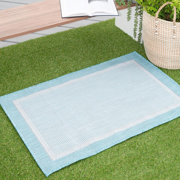 Eco Solid Border Aqua 2 ft. x 3 ft. Indoor/Outdoor Area Rug