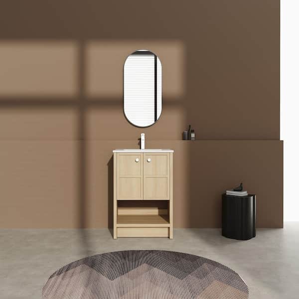 UPIKER Bayhill 24 in. W x 18.13 in. D Single Sink Freestanding Original Oak Bath Vanity with White Ceramic Top Unassembled